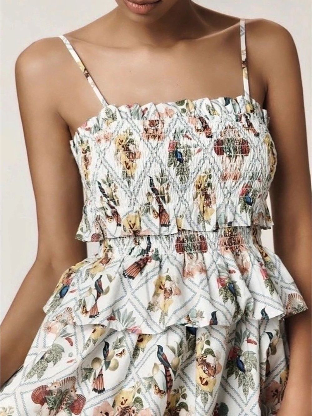 Anthropologie Smocked Peplum Animal Print Midi Dress Size Large